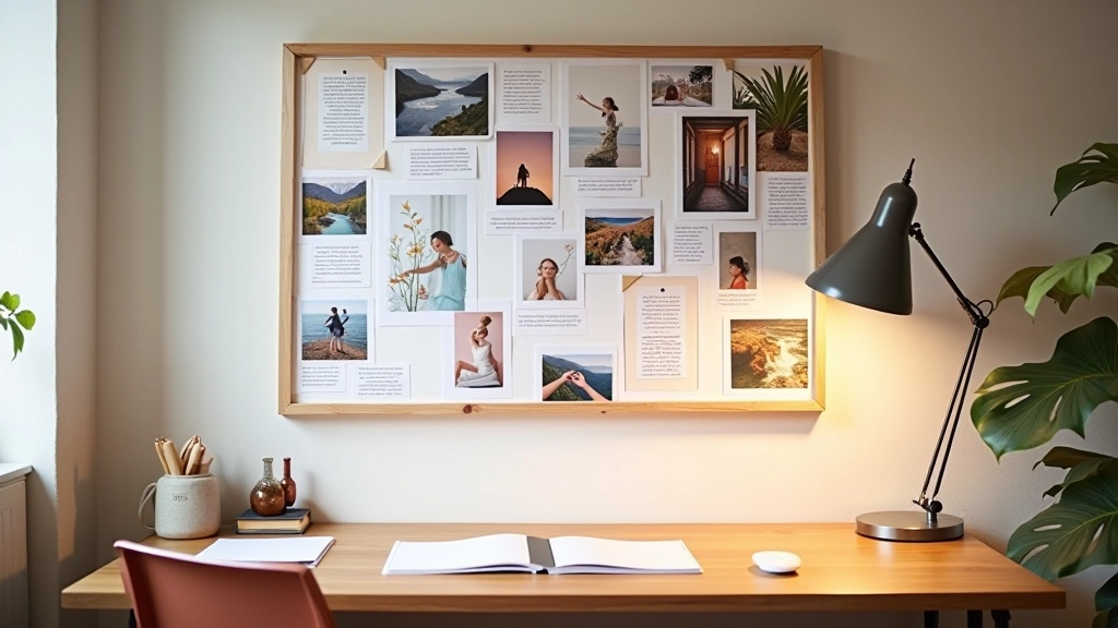 Voltooide visiebord hangend boven een bureau met motiverende beelden