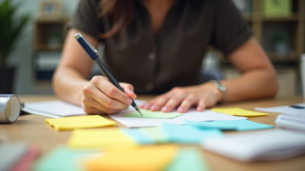 Persoon schrijft doelen op post-it briefjes in verschillende kleuren