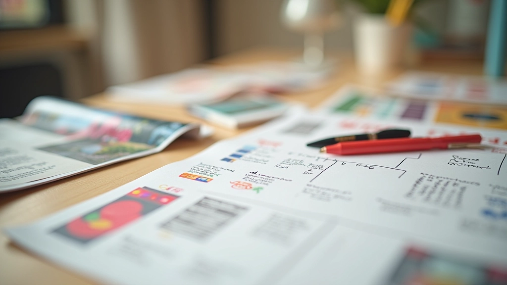 Visiebord met handgeschreven notities en gekleurde afbeeldingen op bureau