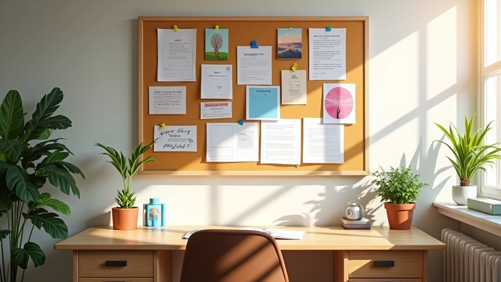 Visiebord hangend boven bureau met inspirerende beelden en doelen