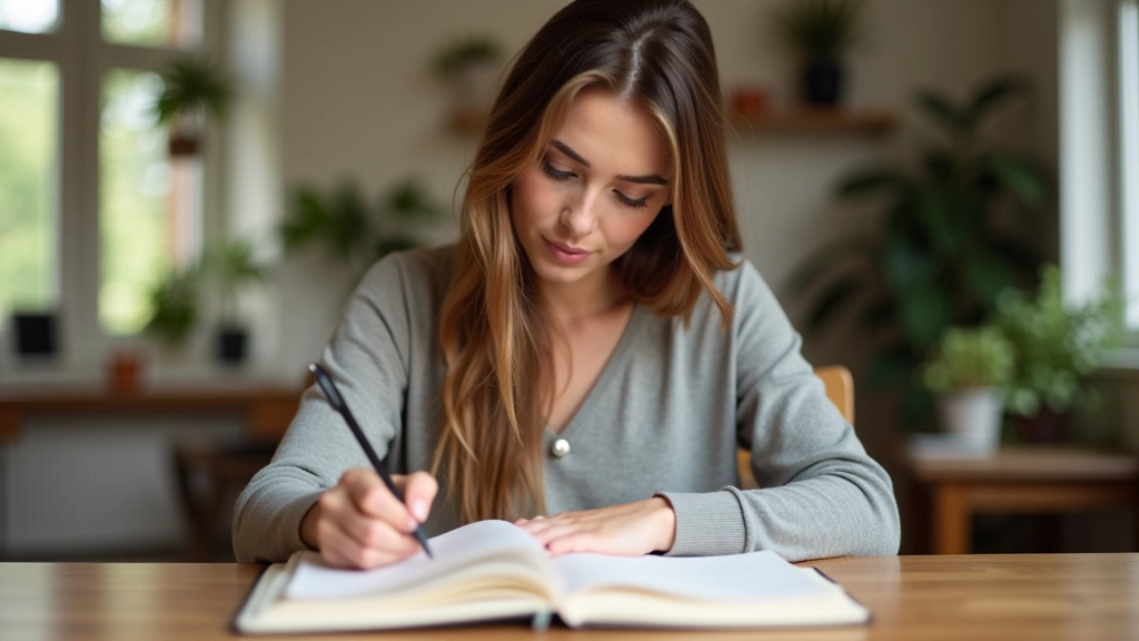 Vrouw schrijft voortgang van doelen in persoonlijk notitieboek op casual manier